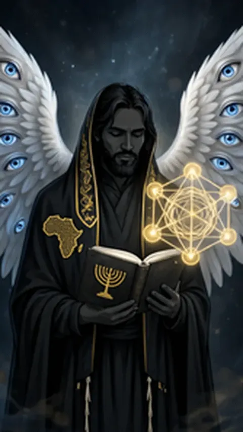 Metatron holding the book, with the Menorah and the map of Africa